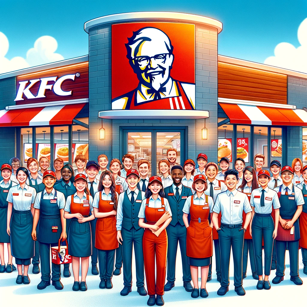 An engaging and vibrant illustration depicting a diverse group of KFC employees in uniform, smiling and standing together in front of a KFC restaurant. The group includes a variety of roles, from cashiers to kitchen staff and shift supervisors, showcasing a sense of unity and teamwork. The KFC logo is prominently displayed on the restaurant fa&ccedil;ade, and the atmosphere is welcoming, with a clear blue sky in the background. This image embodies the friendly, inclusive work environment KFC is known for, highlighting the opportunity for career growth and community within the company.